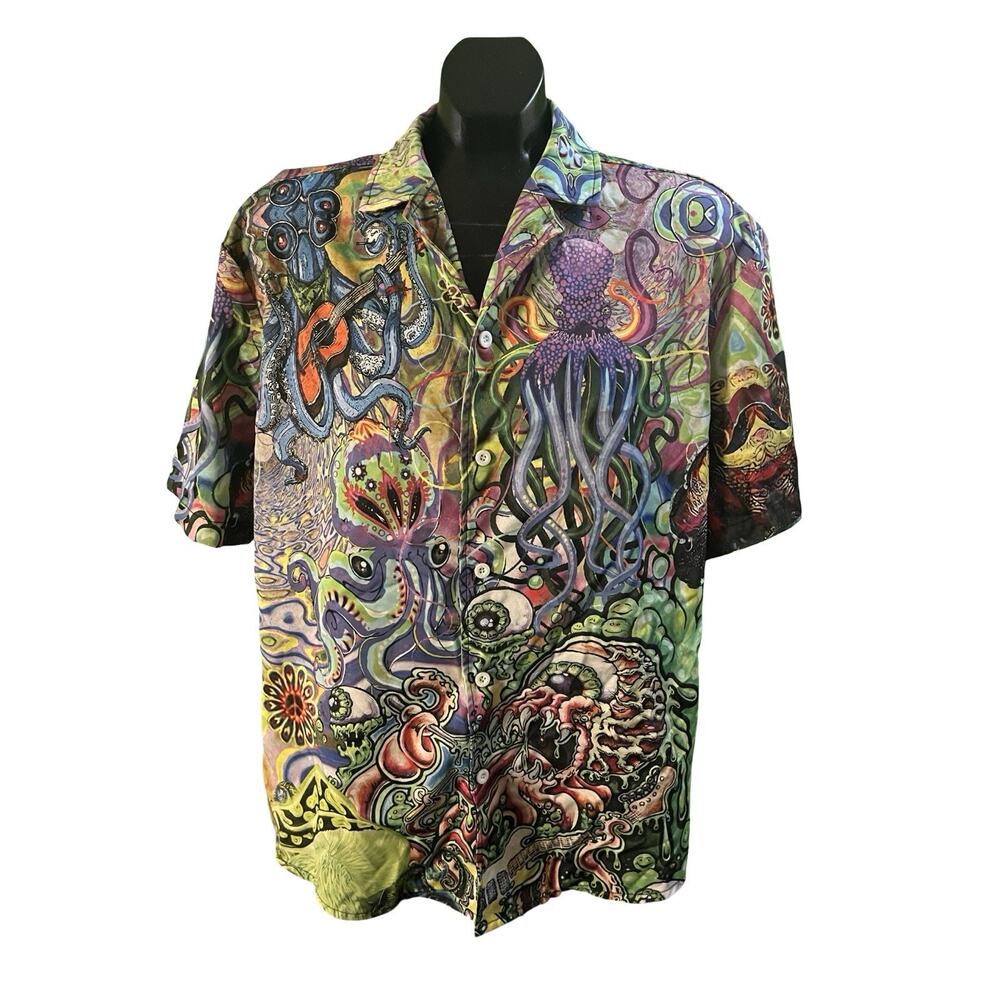 Psychedelic Octopus Hawaiian Shirt Men’s M Button Up Ocean Art Trippy Festival